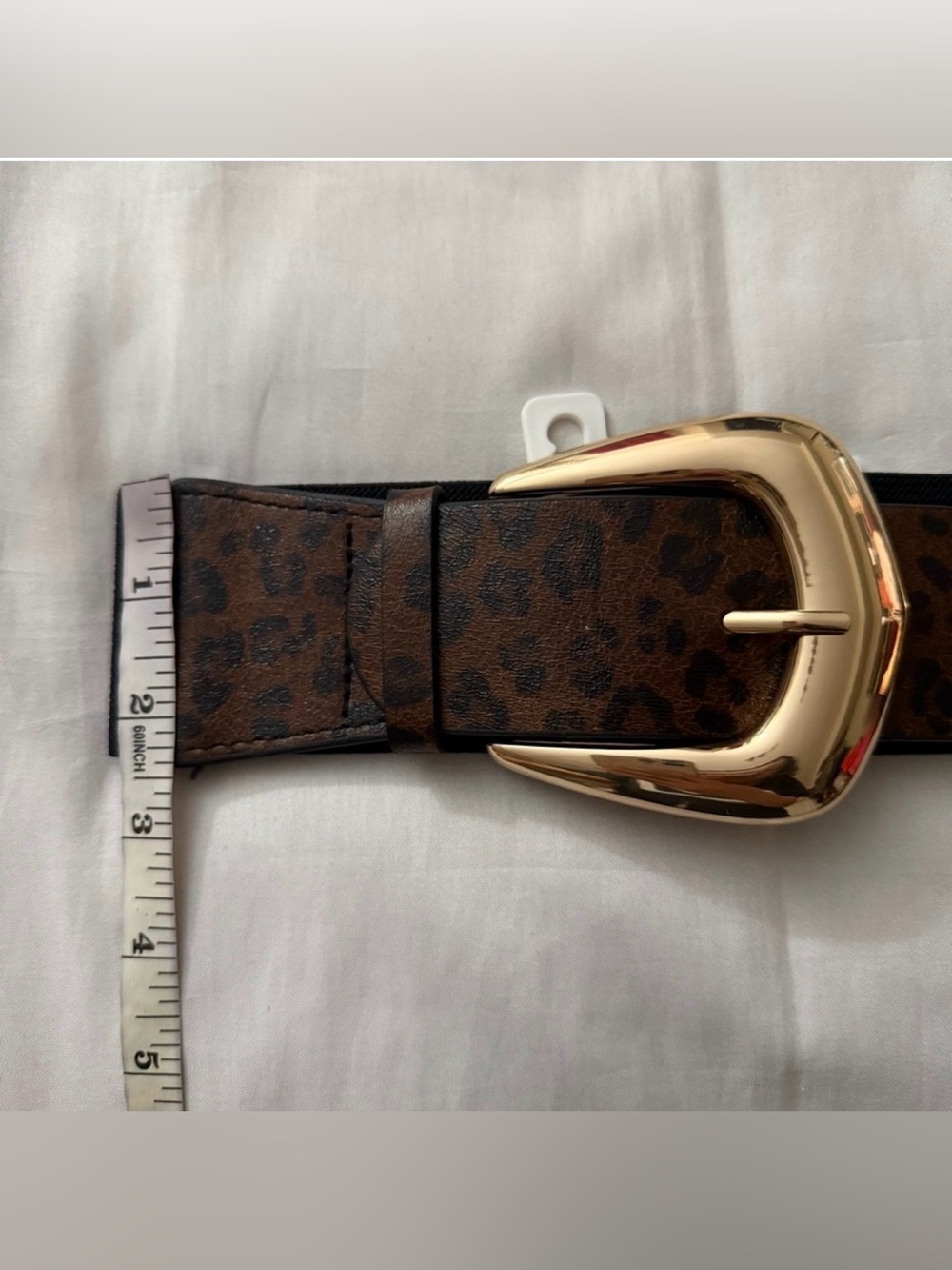 Deep brown leopard print PU leather elastic waistband gold double buckle belt - Picture 7 of 8